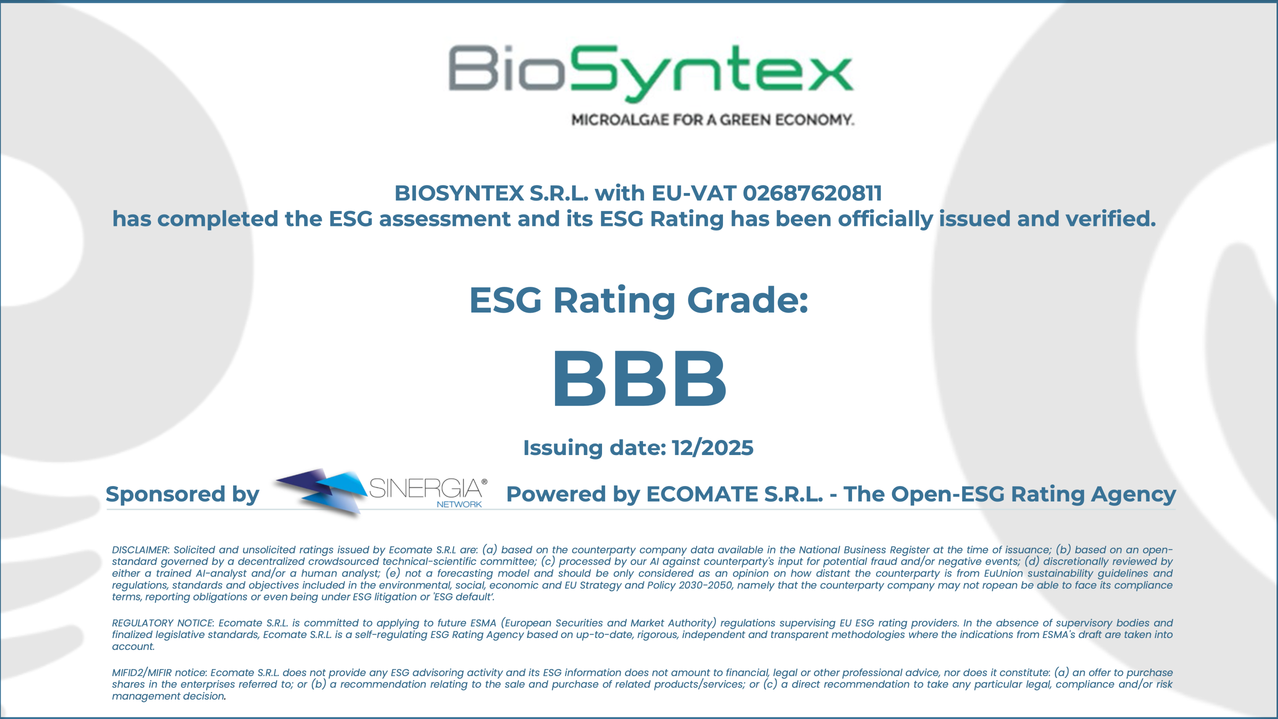 ESG CERTIFICATE VERIFIED THROUGH 2025